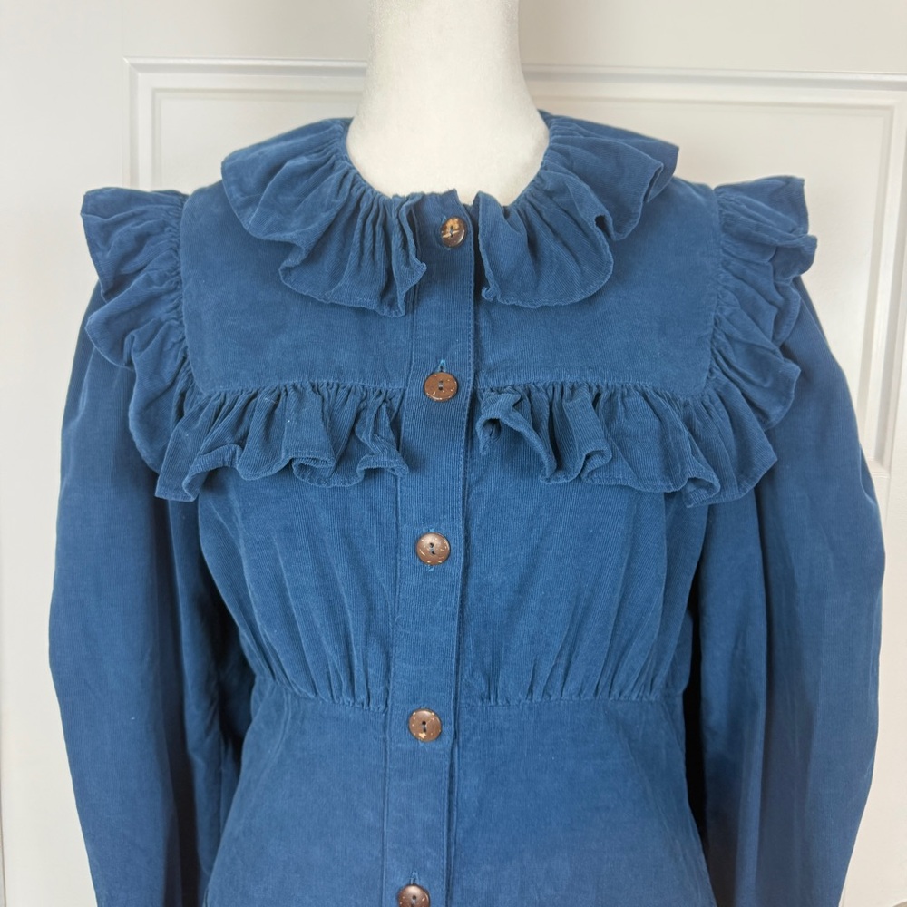 Thierry Colson blue corduroy long sleeve ruffle dress size Small - Picture 2 of 10